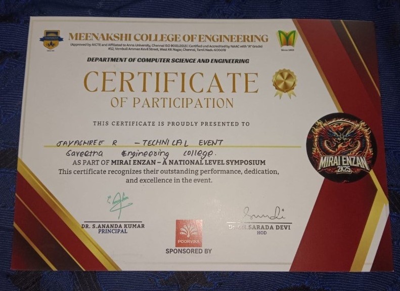 MIRAI ENZAN Meenakshi College Certificate